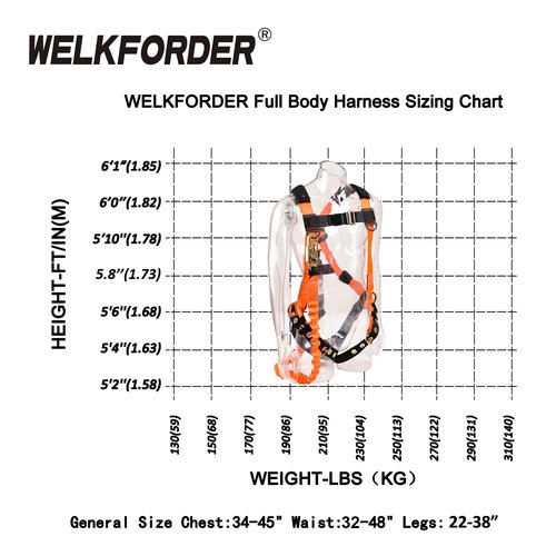 WELKFORDER 3D-Ring Fall Protection Safety Harness [3pt Adjustment＆Leg Tongue Buckles] with 6-Foot Shock Absorber Stretchable Lanyard [Snap Hook End] | Permanent attached Kit | ANSI Compliant