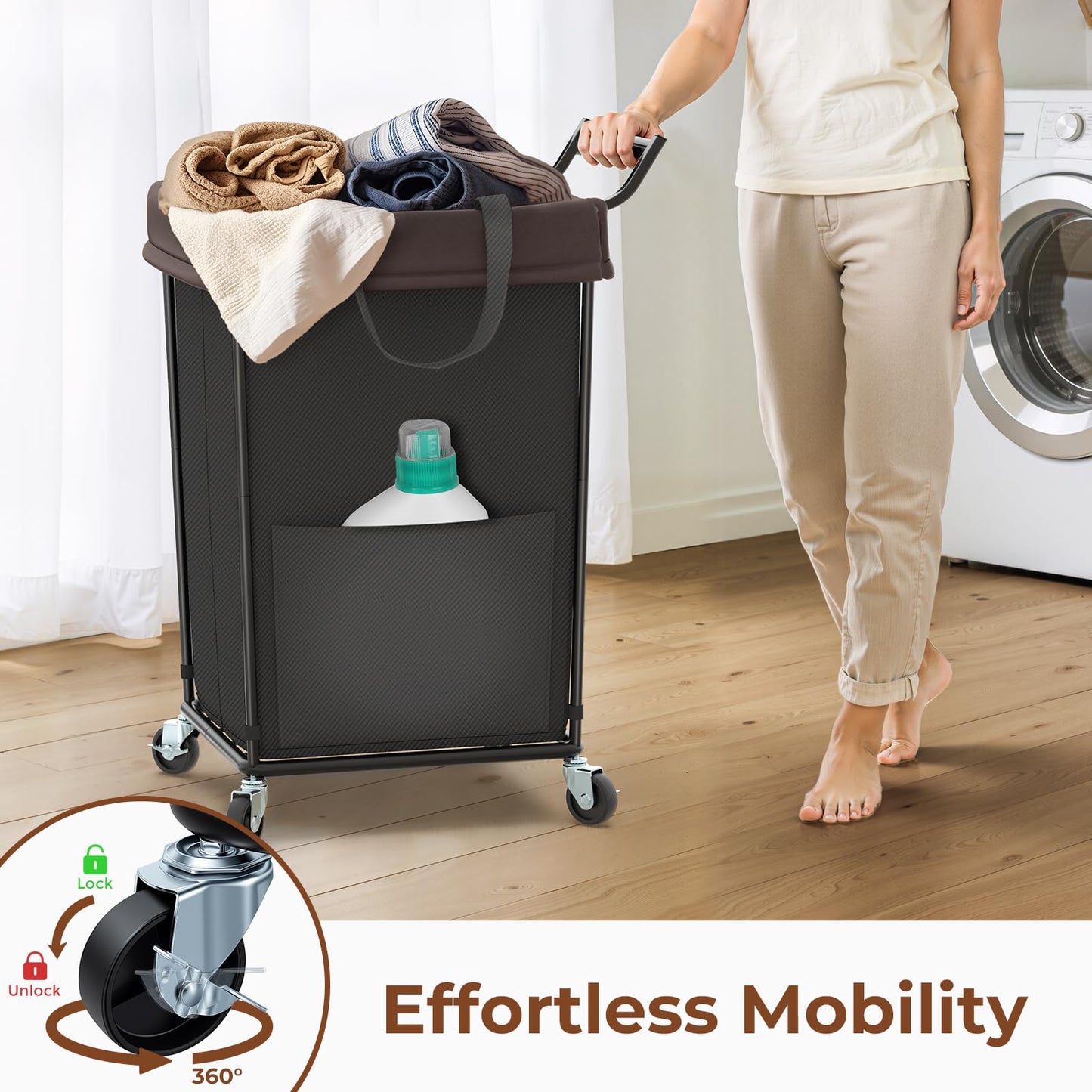 Mefirt 160L Laundry Hamper with Wheels and Handle, 2 Section Laundry Hamper with Wheels, Large Rolling Laundry Basket, Dirty Clothes Hamper Cart on Wheels for Laundry, Bedroom, Bathroom and Dorm