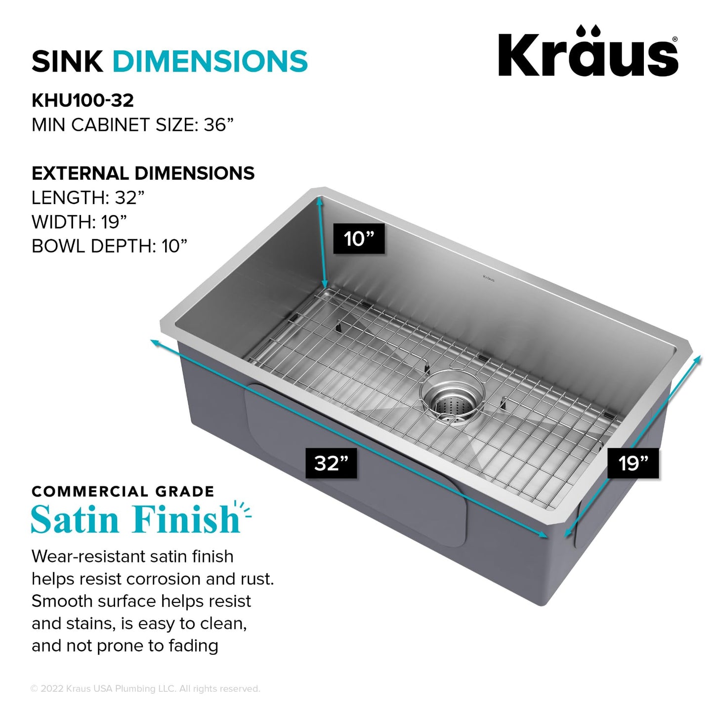 Kraus KHU100-32 Standart PRO 16 Gauge Undermount Single Bowl Stainless Steel Kitchen Sink, 32 Inch