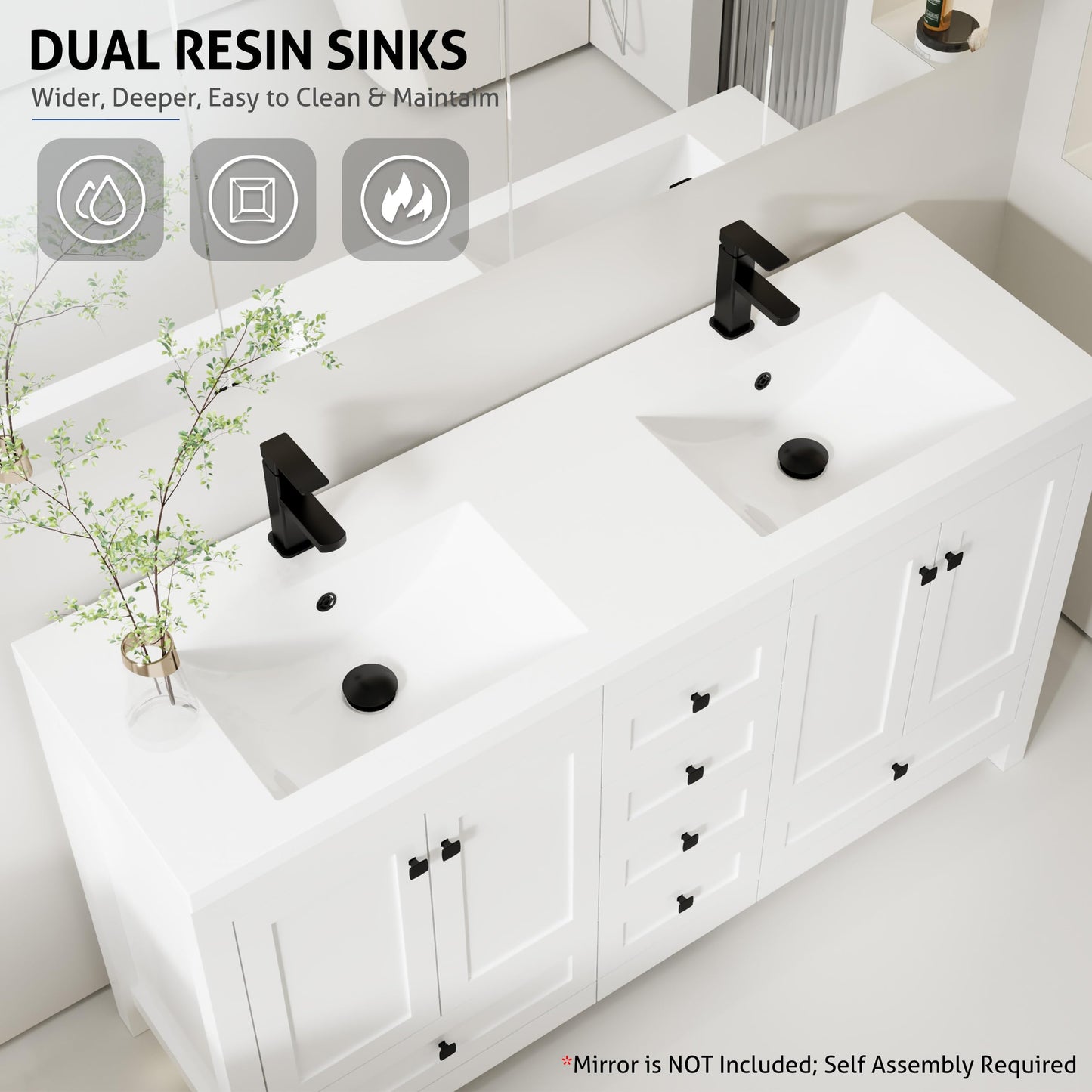eclife 60" Bathroom Vanities with Sink Combo, Modern Thickened Wood Bathroom Storage Cabinet w/Undermount White Double Sink, Matte Black Faucet Drain, White