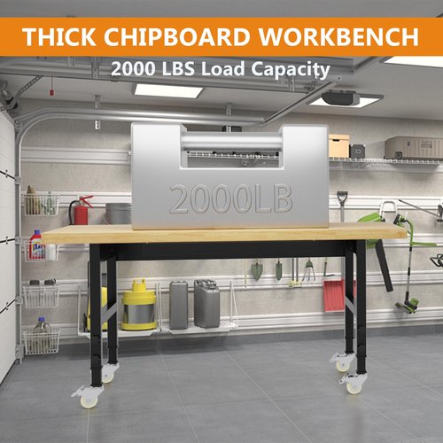 Pelnuies 60" Work Bench with Wheels, Adjustable Height Workbench with Drawers, Heavy-Duty Work Table with Power Outlets, 2000 LBS Capacity Workstation for Garage, Workshop, Office, Home