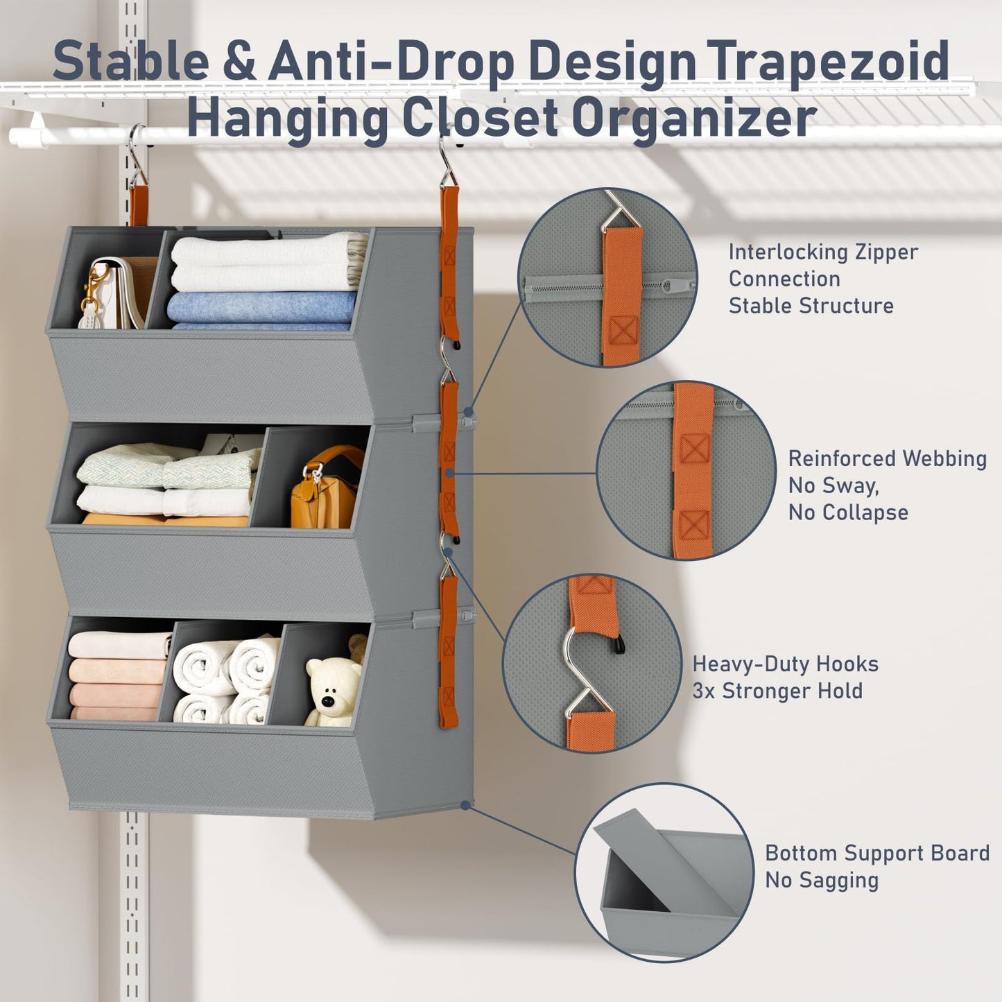 Hanging Closet Organizer Extra Large, Clothes Hanging Shelves for Closet with Divider, Collapsible Closet Storage System, Fabric Storage Bins for Home, Dorm, Rv, Sweaters, Handbags, Underwear, Sock