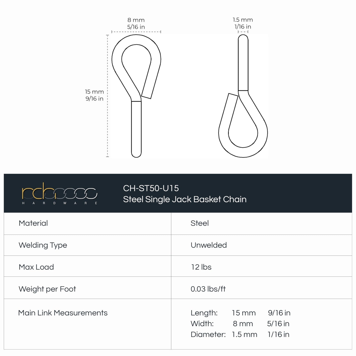 RCH Hardware CH-S50-16-BLK-3 | 14 Gauge Decorative Solid Steel Single Jack Fixture Chain | 3 Foot Increments | Black Finish