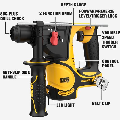 1-1/4 Inch Rotary Hammer Drill,DEGLASERS 12V Max SDS-Plus Cordless Electric Hammer,4800 BPM Brushless Motor,2 Functions,Includes 5.0Ah Battery and charger for Concrete/Metal/Wood Drilling