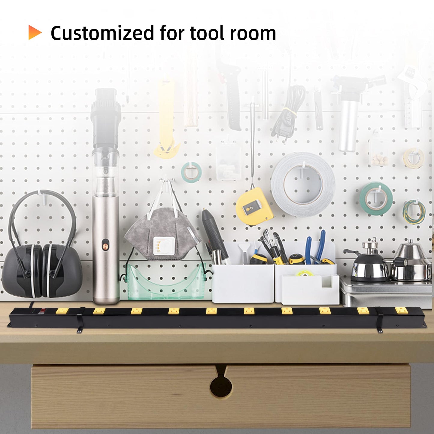 10 Outlet Long Power Strip Surge Protector, Heavy Duty Industrial Metal Power Strip 6 Feet, Wall Mountable, for Work Bench, Shop, Garage, Black (1000 Joules)