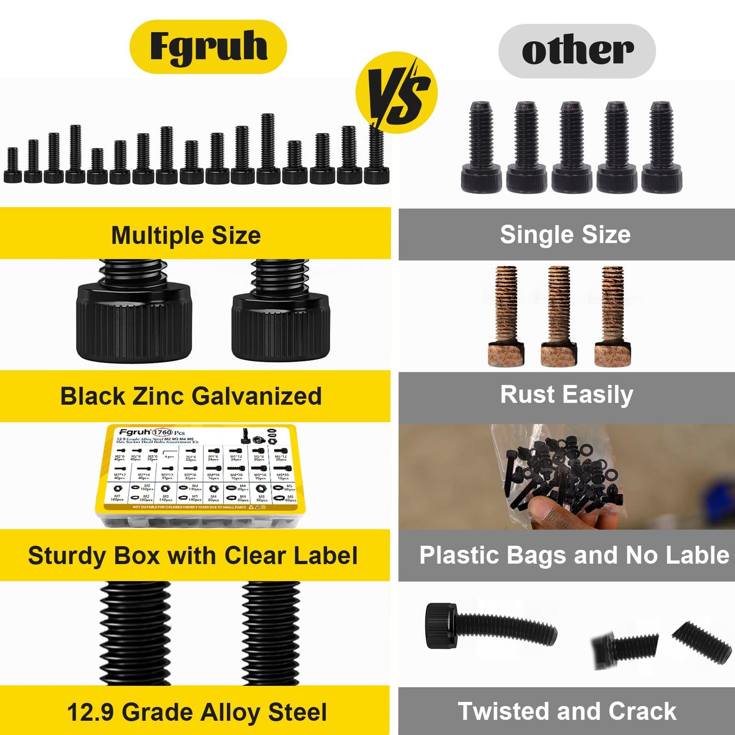 Fgruh 1760PCS Metric Screw Assortment Kit,M2 M3 M4 M5 Screws Set, Hex Socket Head Cap Bolts Nuts and Washers Kit for 3D Printing DIY, Grade 12.9 Alloy Steel, Black Zinc Plated