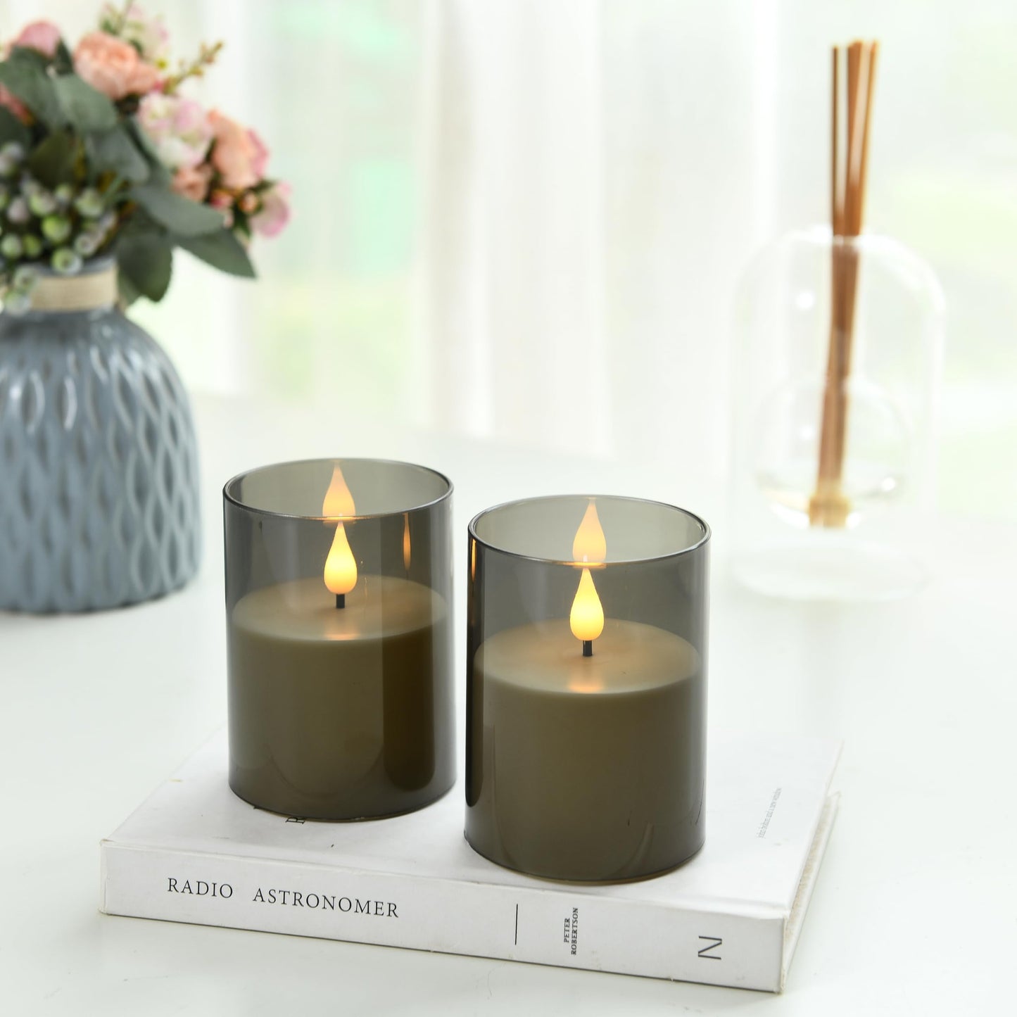 Guluto Flameless Flickering Candles, Non-breakable Battery Operated Candles, D 3" xH 4", Set of 2, Led Acrylic Grey Electric Pillars Candle with Remote and Timers for Wedding Party Romantic Decor