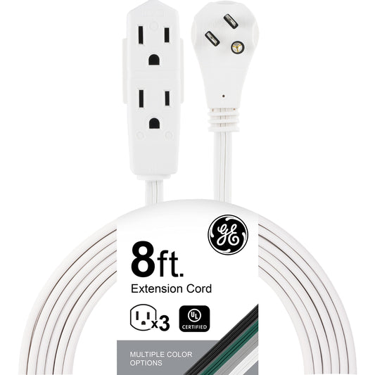 GE 3-Outlet Flat Extension Cord 8 Ft Grounded Extension Cord with Multiple Outlets 3 Prong Outlet Extender Flat Plug Indoor Power Strip 16 Gauge UL Listed White 50251