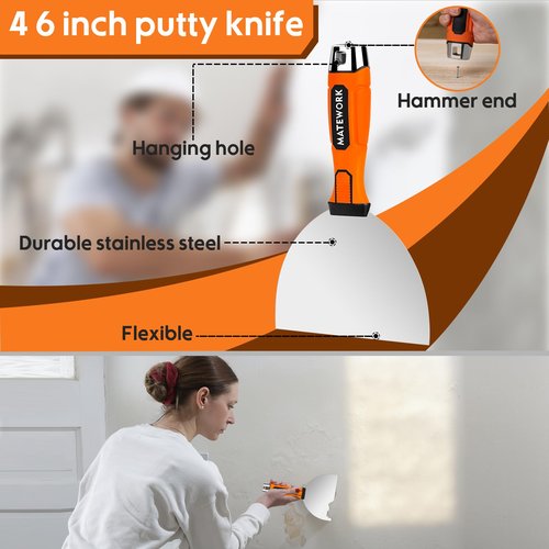 Matework Drywall Tools, 8Pcs High Quality Stainless Steel Drywall Knife Set, Putty Knives with Mud Pan, Ergonomic Grip Tapping Knife with Hammer End for Wall Work