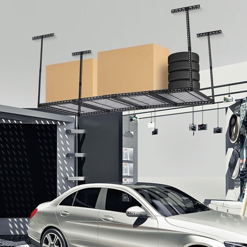 JustSmart Overhead Garage Storage Rack 4x6 FT, Steel Ceiling Shelves 330lb Capacity, Height Adjustable 22-40 Inches, Space-Saving for Attic Basement Shed (Black, 4 Posts)