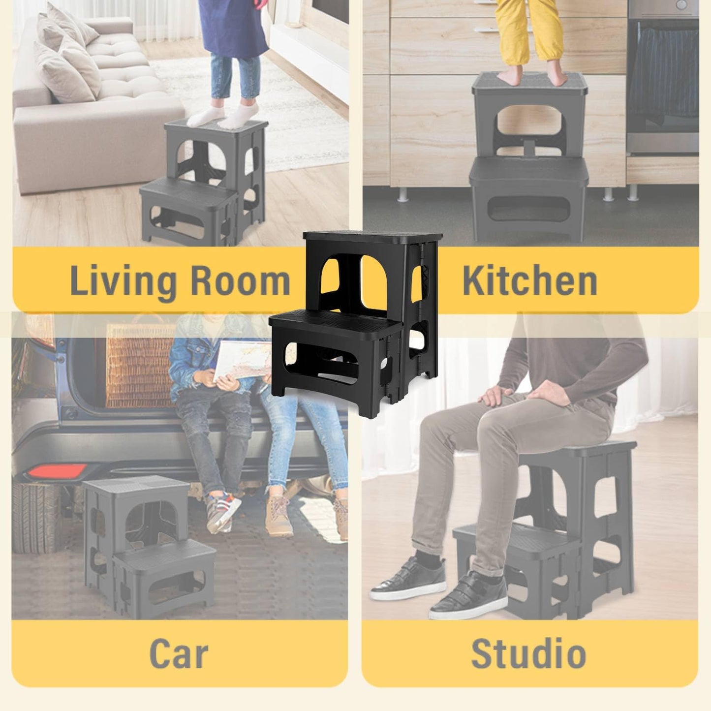 2-Step Folding Stool, Non-Slip Collapsible Step Stools, Bedside Stepstools, Portable Bedside Step Stool, Hold up to 300 lbs, Lightweight & Foldable Step Ladder for Kitchen Toilet Office Home RV-Black