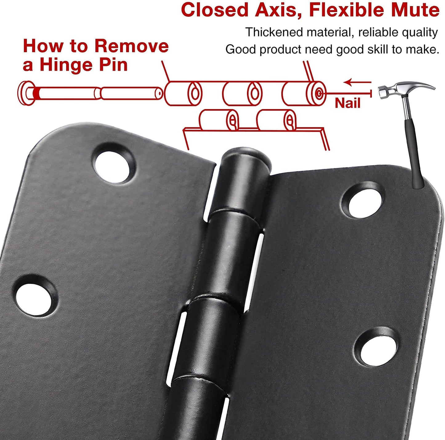 6 Pack Black Door Hinges - 3.5 x 3.5 Inch, Matte Black, 5/8 Inch Radius Corners, Standard Residential & Office Door Hardware
