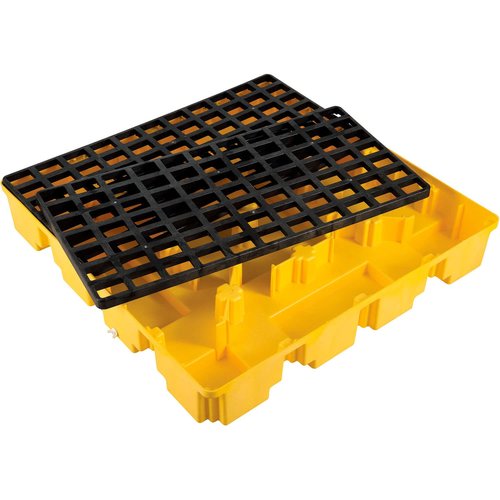 Global Industrial 4 Drum Low Profile Spill Containment Pallet with Drain, 4-Way Forklift Pockets, 65 Gallon Capacity, 8000 Lbs Capacity, 51.5"W x 51.5"D x 8"H, Yellow