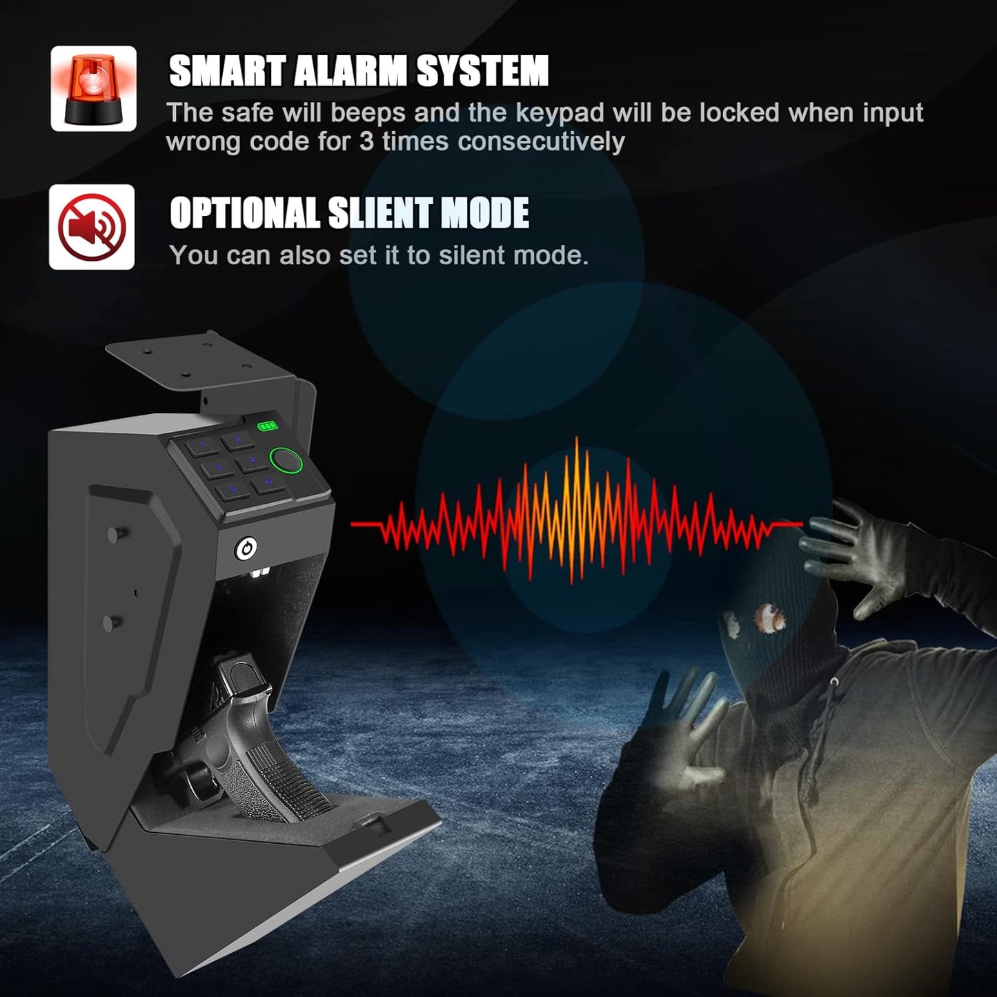 Biometric Mounted Handgun Gun Safe for Nightstand, Desk, Bed Side, Wall,Truck - Auto Open Hidden Hand Gun Safe for Pistol -with Fingerprint, 6-button Backlit Keypad, KEY Access
