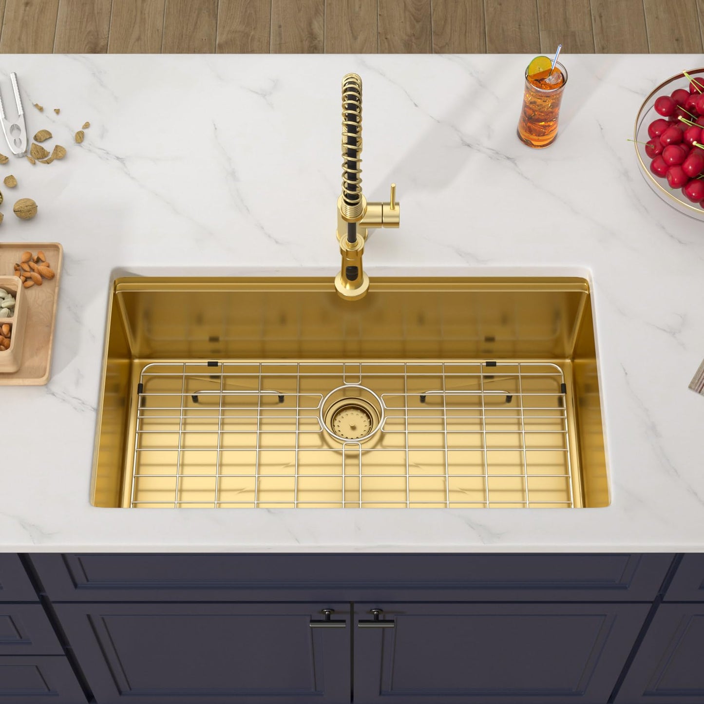 Donsdey 36 Inch Brushed Gold Undermount Workstation Kitchen Sink 36''x19'' Stainless Steel Single Bowl Undermount Large Capacity Sink with Luxury Accessories Handmade Deep Bowl Sinks