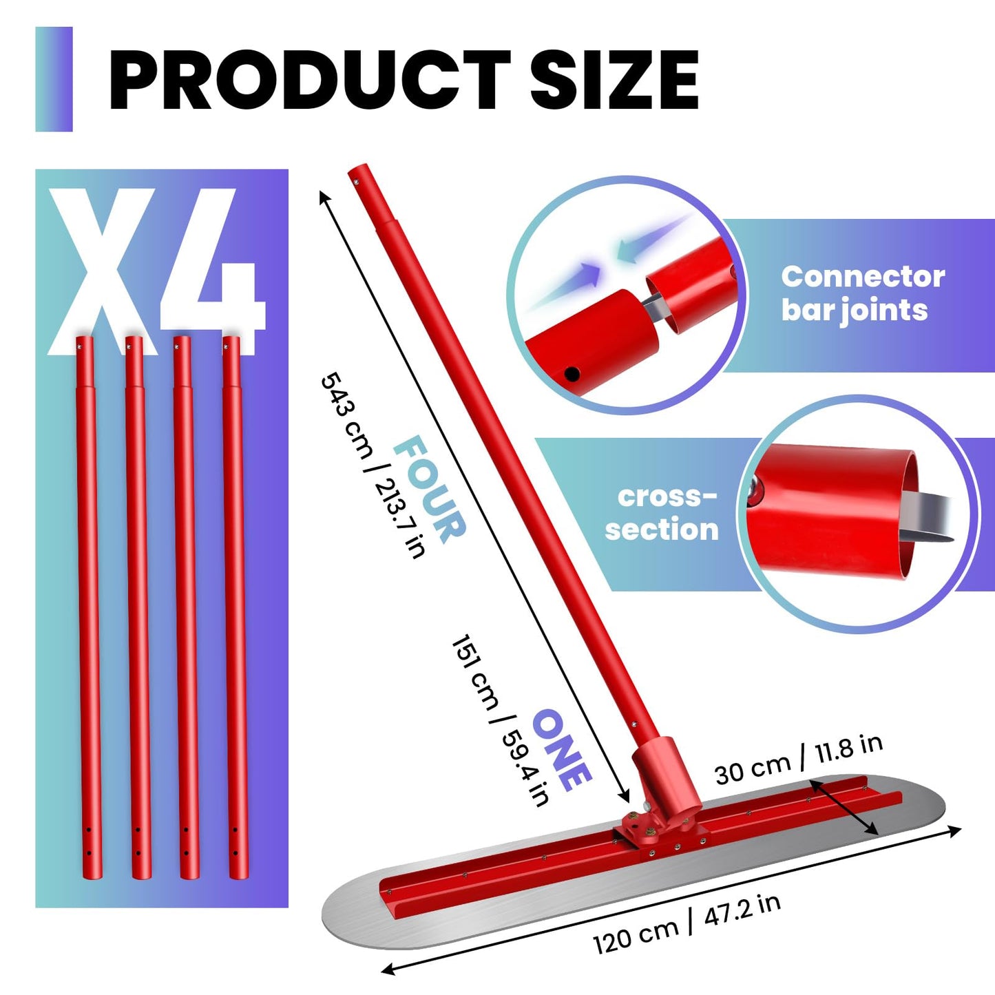48"x 12"Fresno Concrete Trowel, Bull Float Concrete Tools Round End Stainless Steel Trowel Board with 4 Handles and All-Angle Bracket