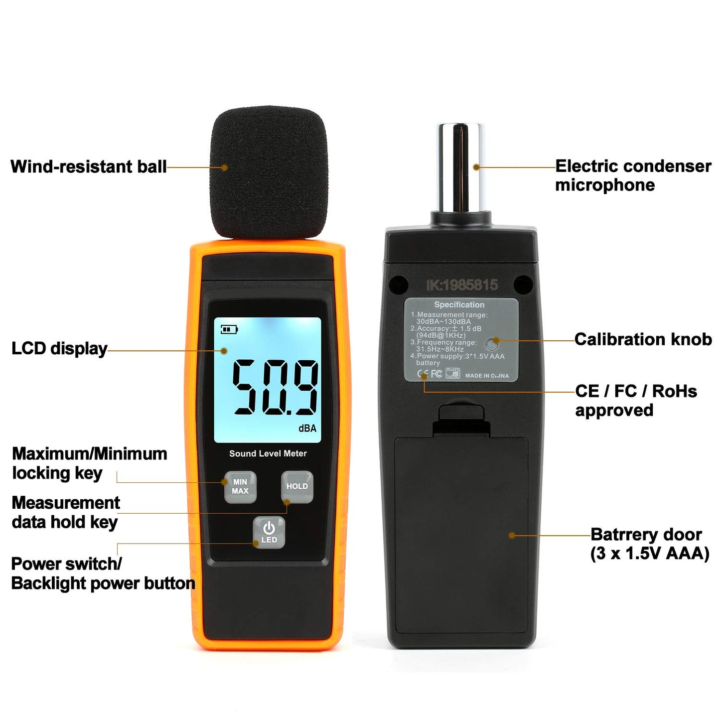Decibel Meter, Portable SPL Meter (Sound Pressure Level Meter), Digital Noise Meter, Range 30-130dB(A) db Meter, Noise Volume Measuring Instrument, Sound Monitoring Tester (Battery Included) Yellow