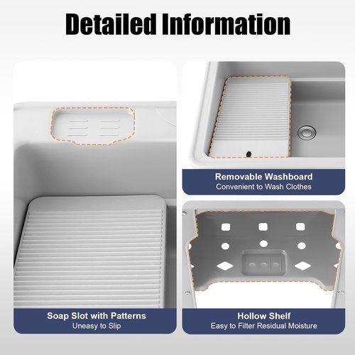 Freestanding Plastic Laundry Sink with Washboard for Hand Washing Clothes, Washing Room Laundry Tub Sink w/Faucet and Drain Kit for Basement Garage Laundry Room (Gray, 21.65"D x 25.59"W x 31.5"H)