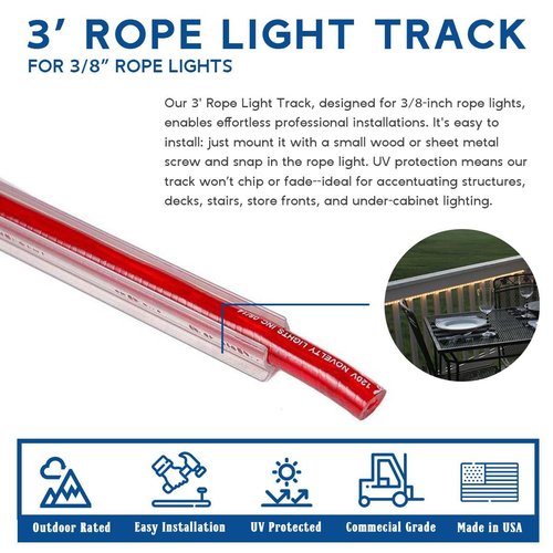 Novelty Lights 10 Pack 3/8in Rope Light Track, 3 Feet Clear PVC Mounting Channels for Indoor or Outdoor Rope Lights, UV Treated, 360 Degree Lighting