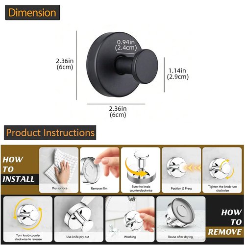 Homeshifters 2-Piece Suction Cup Hooks - SUS 304 Stainless Steel Suction Towel Hooks, No Drill Shower Hooks for Bathroom,Kitchen,Glass,Tile to Hang Towels,Robes,Loofah (Matte Black, 2 Piece)