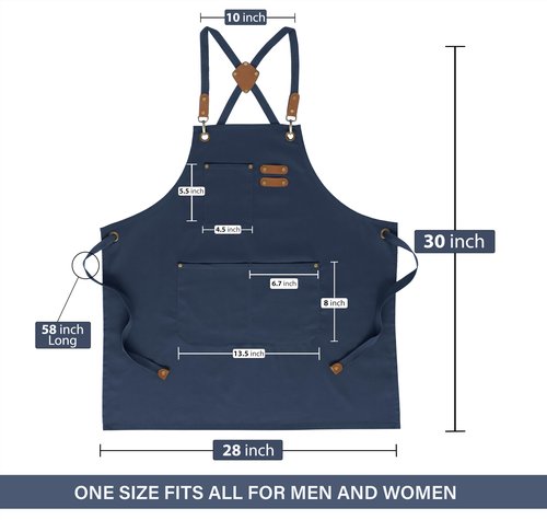 RUVANTI Work Aprons for Men, Oil & Water Repellent, PolyCotton Cross Back Aprons for Women with Pockets, Adjustable up to XXL, Chef Aprons for Cooking, Grilling, Welding, Woodworking - Blue Aprons