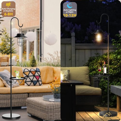 Kirschblüte 60" Solar Floor Lamp with Detachable Hanging Lantern & Small Side Table - Cordless, Waterproof Outdoor Lighting for Deck, Patio, Garden, Porch - Weatherproof Iron Floor Light