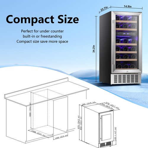 Antarctic Star Mini Fridge 15 Inch Wine Cooler Under Counter Beverage Refrigerator,28 Bottles Built-in Dual Zone Freestanding Wine Fridge with Stainless Steel Double-Layer Tempered Glass Door