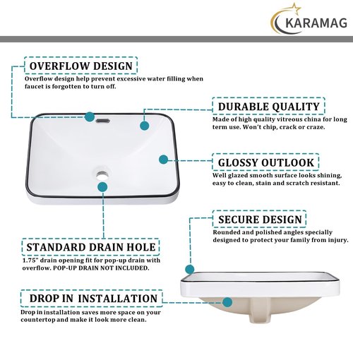 KARAMAG Bathroom Vessel Sink 20.6'' x 14.7'' Semi Recessed Bathroom Sink Rectangular Drop-in Vanity Sink with Overflow White with Black Rim Ceramic Modern Art Basin