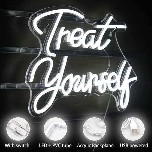 Treat Yourself Neon Signs White Led Sign for Bedroom Wall Letter Neon Lights Wedding Signs Neon Room Decor for Birthday Gift Party Home Decor Bar