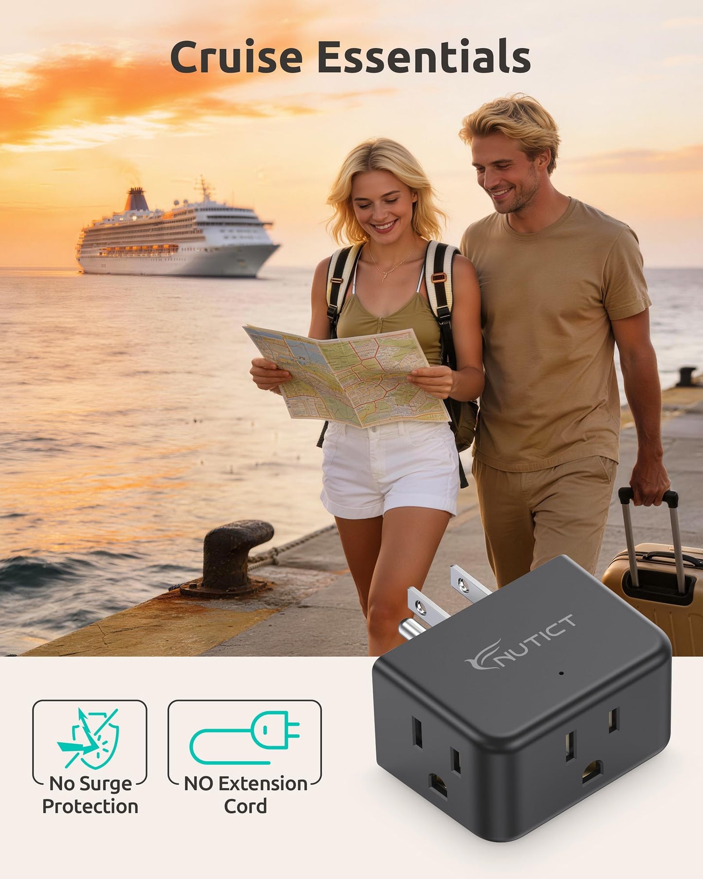 NUTICT Multi Plug Outlet Extender, Small Wall Plug Extender Adapter, Black