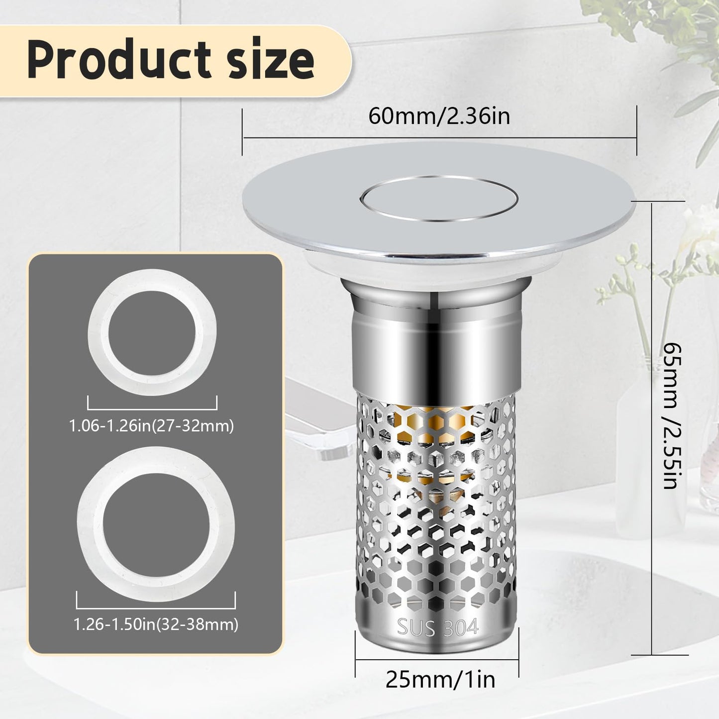 TONGDWOU 2Pack Bathroom Sink Stopper 1.06"-1.50", Universal Bathroom Sink Drain Pop Up Stopper for US Bathroom Sink Stainless Steel Floor Drain Filter, U.S. Standard Universal Drain Filter (Silver)