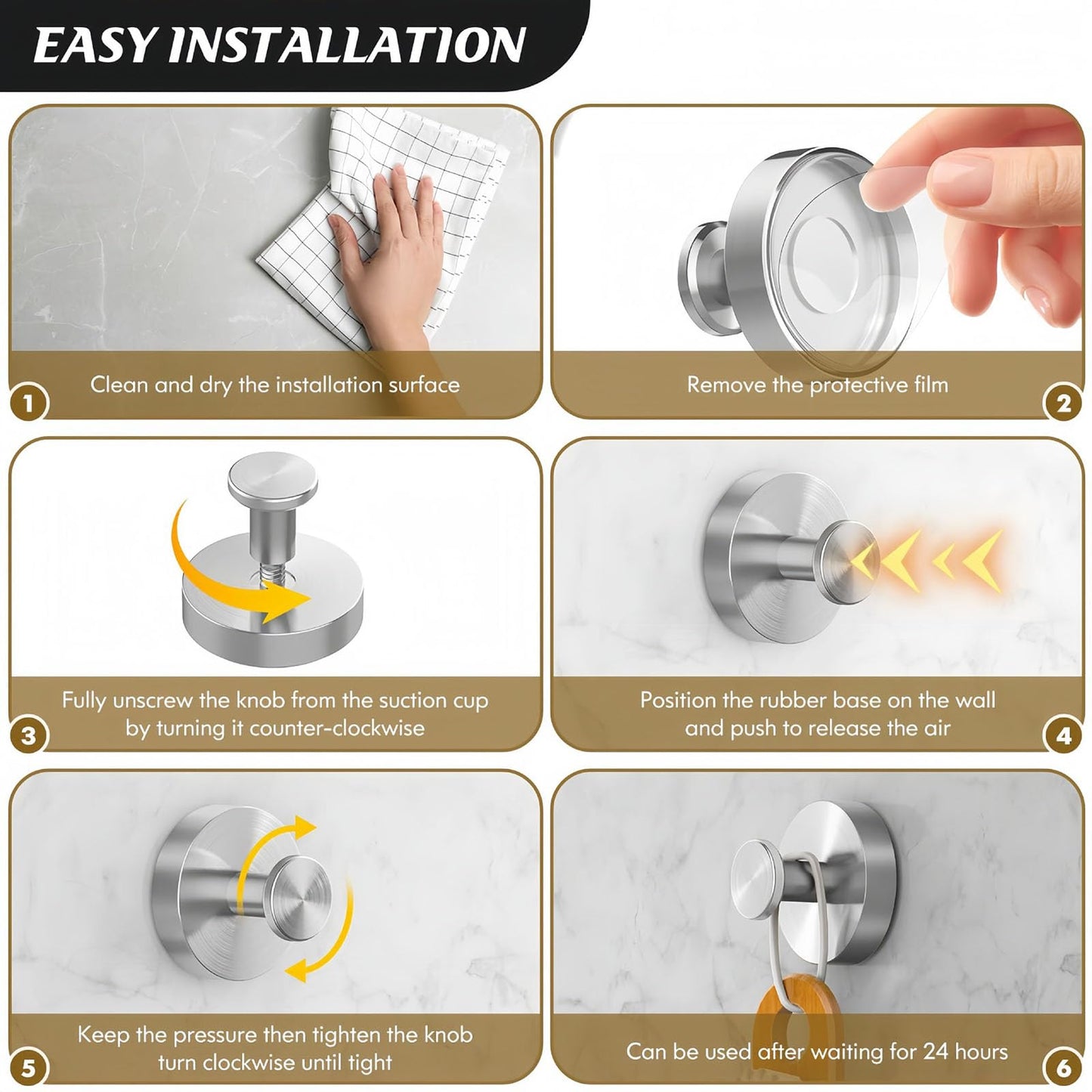 BBLING Suction Cup Hooks, Heavy Duty Damage-Free Towel Hooks for Bathroom, Kitchen, Shower, Glass, Mirrors, Tiles (Black, 4pcs)