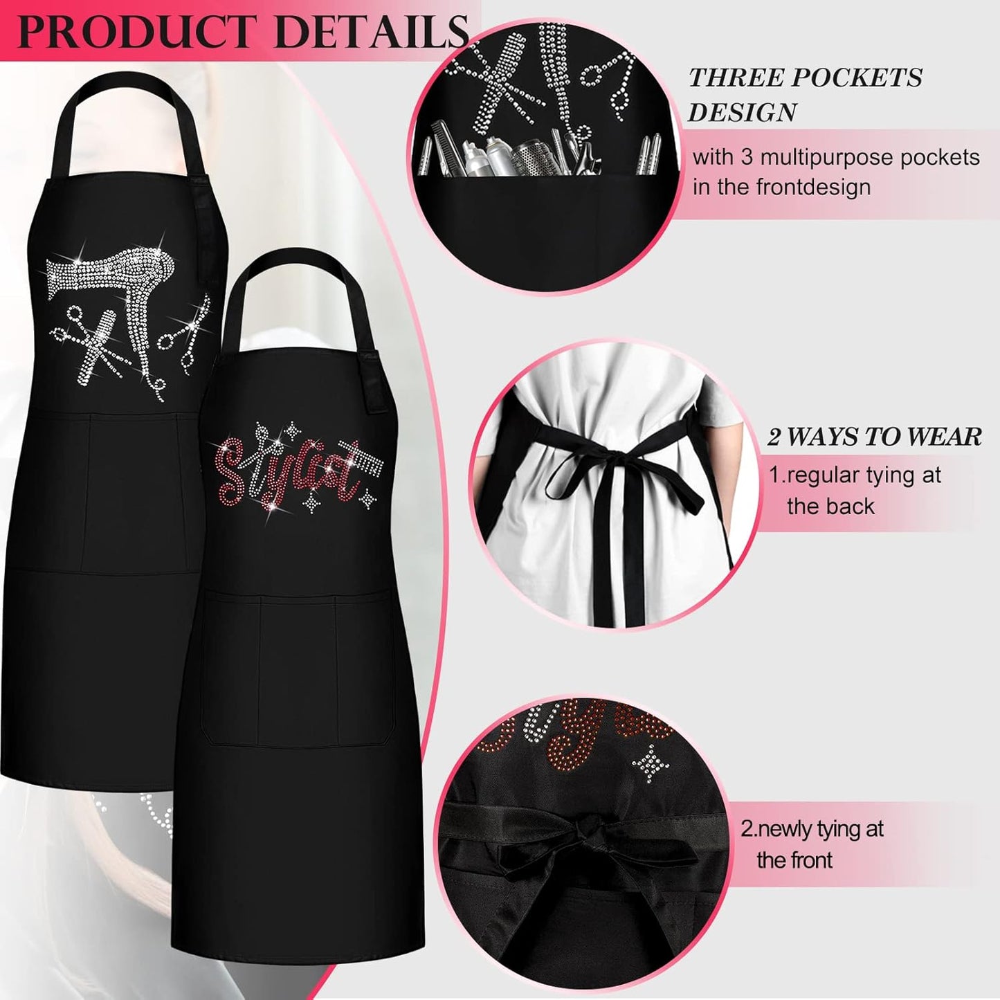 Coume 2 Pcs Hair Stylist Apron Hairstylist Salon Apron with Rhinestone Tools 3 Pockets Waterproof Hairdresser Barber