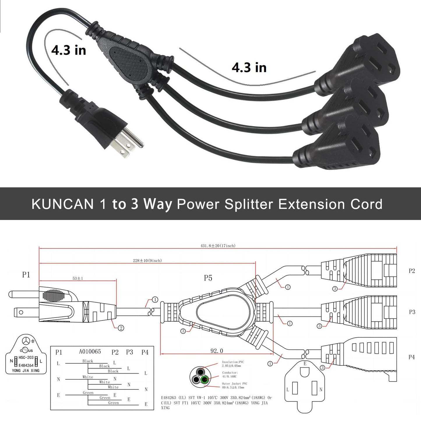 KUNCAN 3-Way Splitter Extension Cord - 3 Prong 1 to 3 Way Power Splitter, 1FT 18AWG 10A/1250W, NEMA 5-15P to 3X NEMA 5-15R Y Style 3-Outlet Extension Cord for Home, Room, Office(Black 1-Pack)