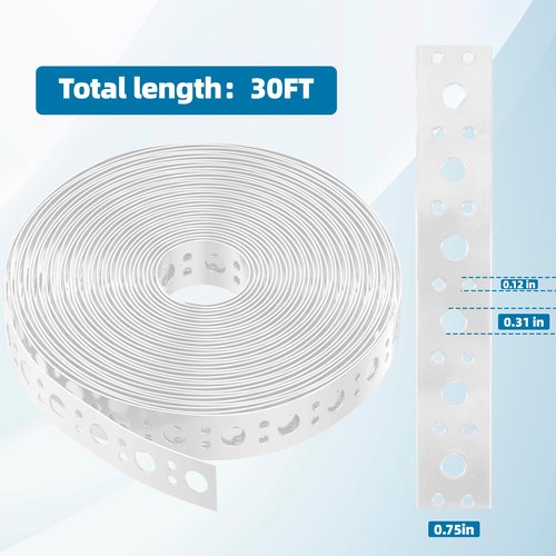 U0U 1 Inch x 30FT Metal Strapping with Holes,White Galvanized Pipe Pipe Hanger Strap,Steel Strap for Pipe Hanger Strap Support