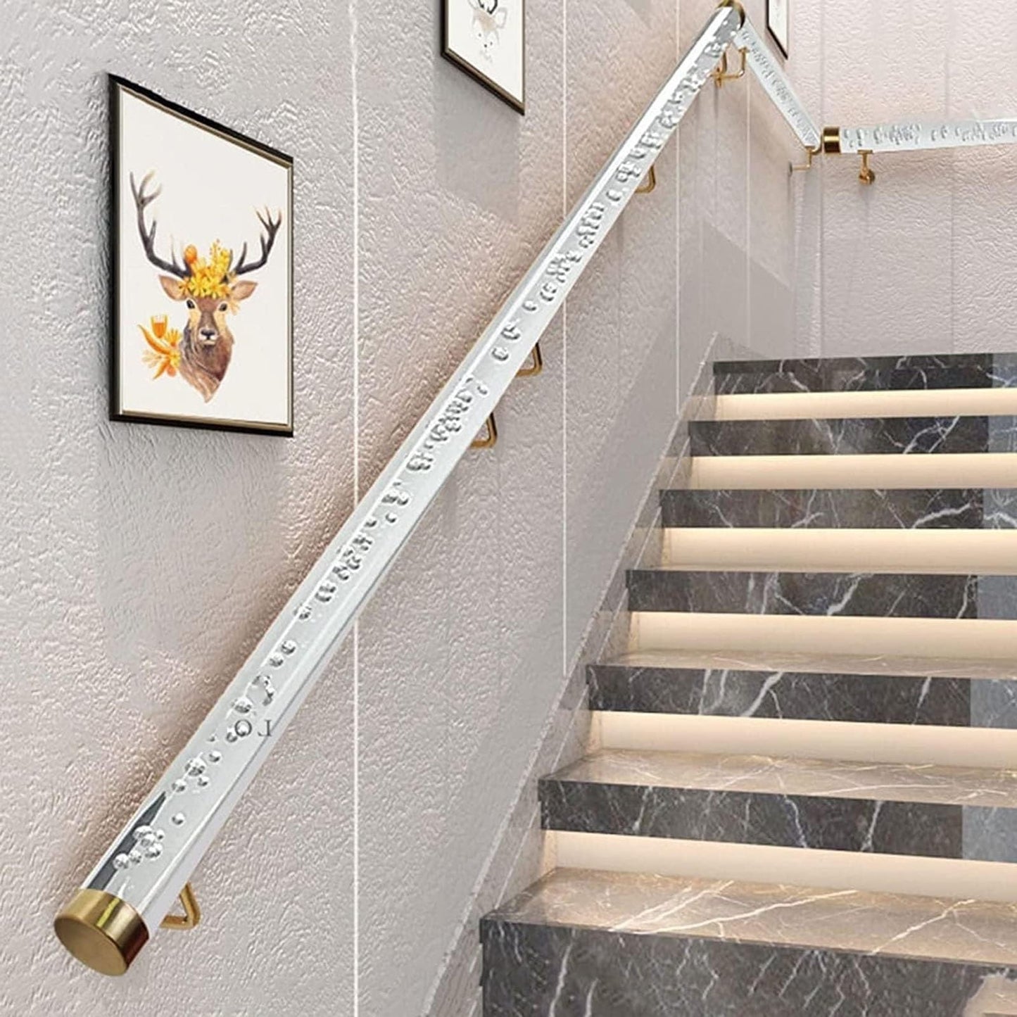 Clear Acrylic Handrails for Indoor Stairs - 3ft/4ft/5ft/6ft/8ft/10ft/12ft/14ft/20ft Non-Slip Transparent Crystal Staircase Handrail(Gold Bracket,250cm(8.2ft))