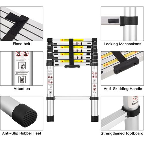 Telescoping Ladders, (8.5Ft/2.6M) EN131 Standards Aluminum Extension Ladder, Extension for RV, Attics, Families, Outdoor Work, with a Maximum Bearing Capacity of 330lbs