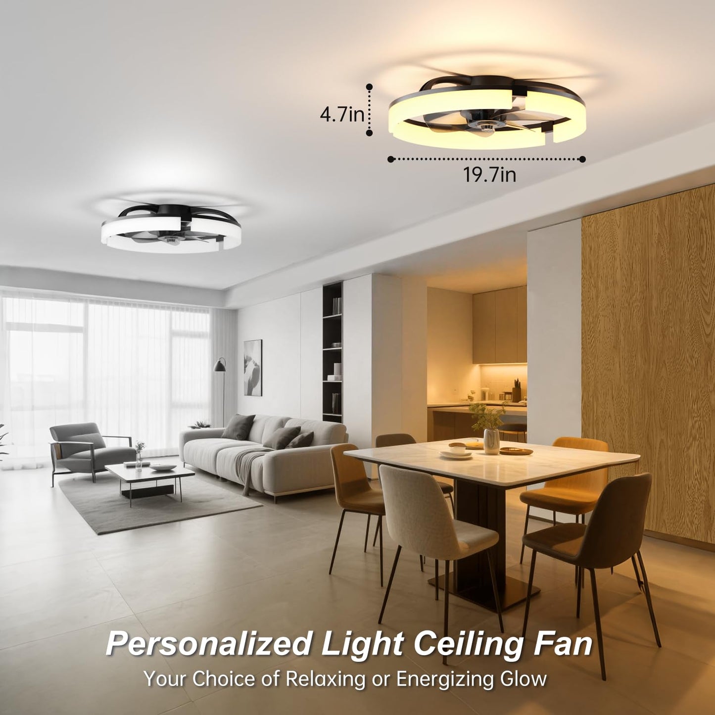 DUSFAN 20" Ceiling Fans with Lights and Remote, 3000K-6500K Dimmable Flush Mount, 6 Speed Quiet Reversible Motor, APP & Remote Control, Low Profile Fandelier for Bedroom, Kitchen, Living Room