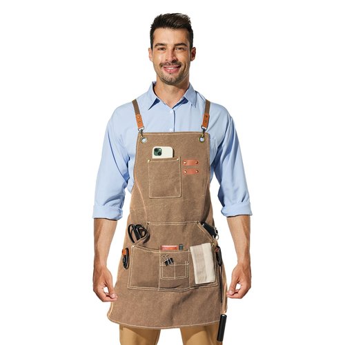 FOTVEFLEIR Chef Apron for Men Women with 7 Tool Pockets, Cotton Canvas Cross Back Water-resistant Work Apron, Size M to XXL (Brown)