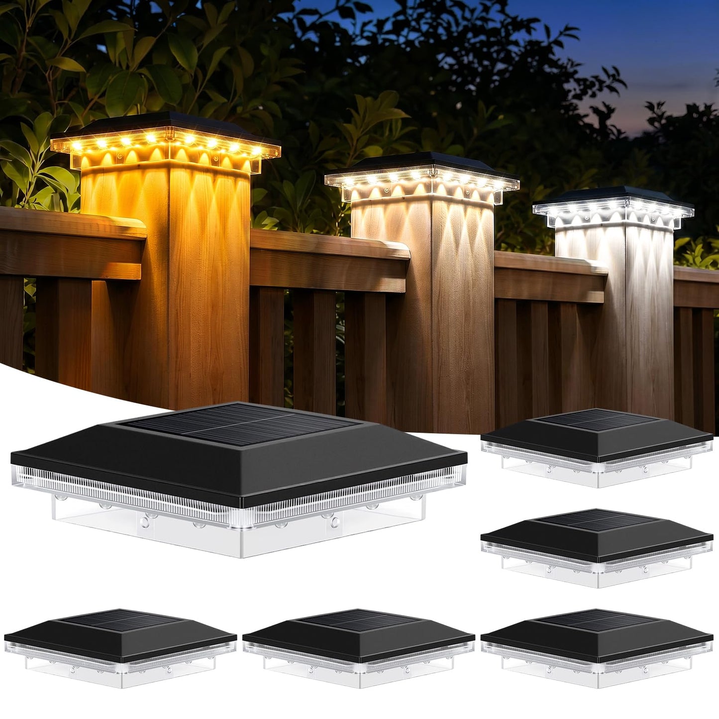 Brightever 4x4 Solar Post Cap Lights Outdoor with 3 Lighting Modes, 6-Pack Solar Powered Fence Post Lights Waterproof Fits Wooden/Vinyl Posts, Solar Deck Post Lights for Garden Patio Porch, Black