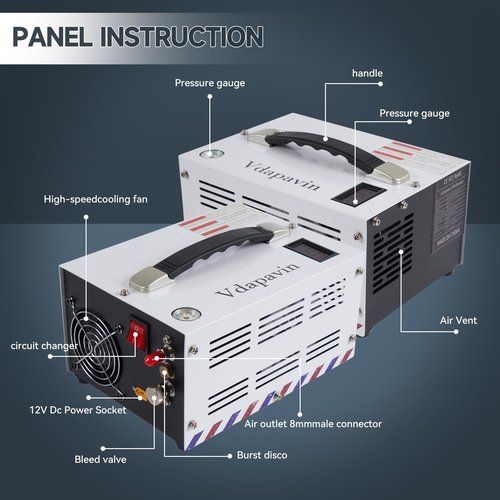 PCP Air Compressor, 4500Psi Portable Compressor, 12V DC/110V AC PCP Air Gun Compressor Manual Off, Built-in Cooling Fan with Power Adapter, Suitable for Paintball, Air Rifle, Diving Bottle