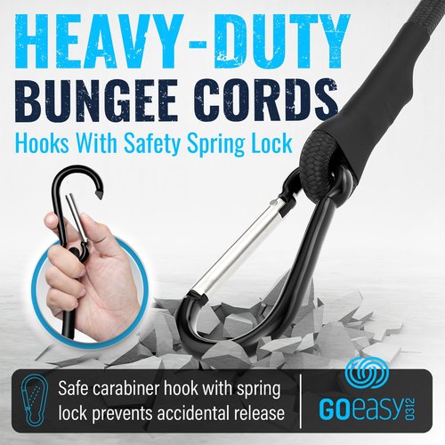 GOEASY0312 Carabiner Bungee Cords with Hooks Heavy Duty - 24" Elastic Black Bungee Cords with Carabiner Hooks 200 LBS Max Break Strength, UV Resistant for Camping, Tarps, Bike Rack, Tent, Car - 4 Pcs