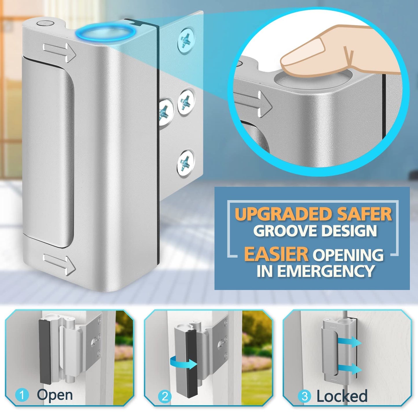 Home Security Door Lock 3 Pack Metal Door Reinforcement Lock for Kids Safety Top Front Door Child Proof Safety Lock Defend High Security Door Locks Latch Withstand 800lbs for Inside Swing Door Chain