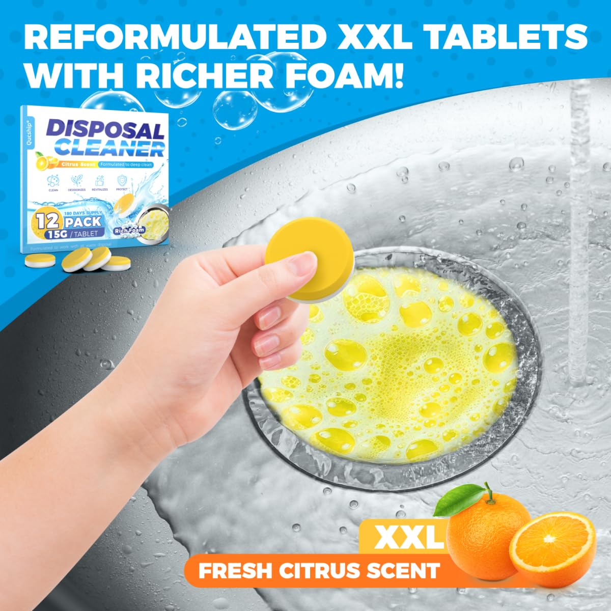 Qucship Garbage Disposal Cleaner Tablets - 12 Pack, XXL Foaming Disposal Cleaner - Powerful Deep Cleaning & Grease Remover, Septic Safe Kitchen Sink Drain Care for Maintenance