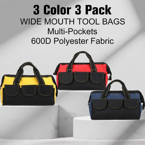 Sanwuta 3 Pack Tool Bag for Men with Waterproof Hard Bottom, Heavy Duty Tool Bag Wide Mouth Tote for Various Instrument, Electrician Carpenter Mechanic(13 Inch,Blue, Red, Yellow)