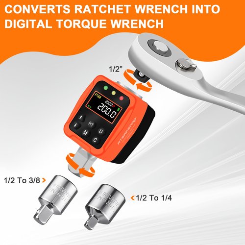 ATsafepro 1/2" Digital Torque Adapter, 7.4-147.5 Ft-lb/10-200 Nm,1/2” Drive Digital Torque Wrench Converter,3/8'' & 1/4'' Adapter
