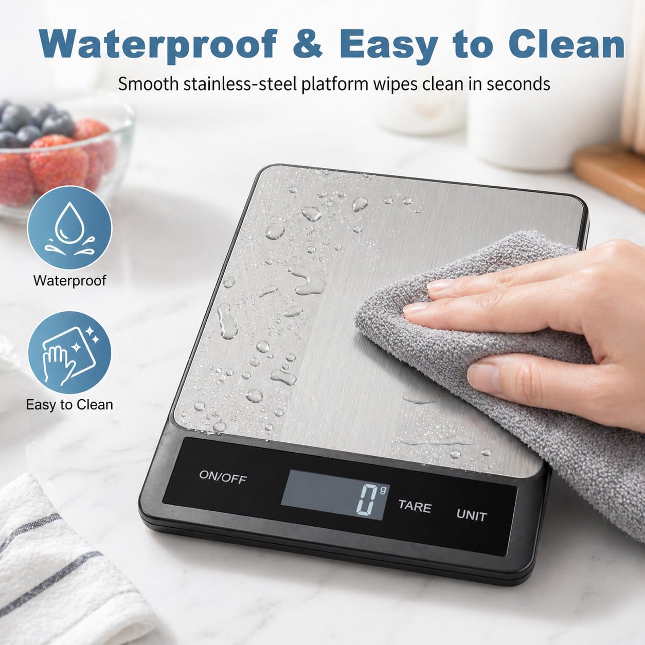 33LB/15KG Digital Kitchen & Food Scale – Waterproof Stainless Steel, USB Rechargeable, 1g Precision, Tare Function for Cooking, Baking, Meal Prep