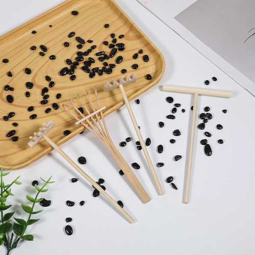 Nogeqi 4 Pack Mini Rake Bamboo Zen Garden Tools, Small Sand Rake, Mini Garden Tools, Rock Zen Garden Accessories for Home Office Tabletop Decor (4 Style)