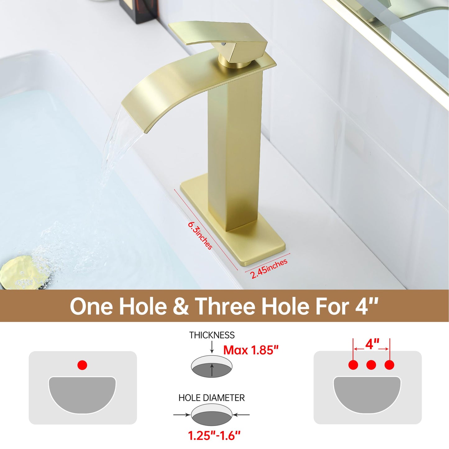 Fransiton Tall Vessel Sink Faucet Brushed Gold Faucet for Bathroom Sink Tall Waterfall Bathroom Faucet Single Handle 1 or 3 Hole Wash with Pop-up Drain