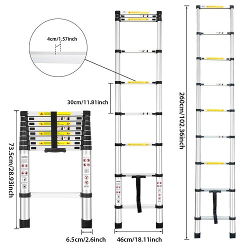 Telescoping Ladders, (8.5Ft/2.6M) EN131 Standards Aluminum Extension Ladder, Extension for RV, Attics, Families, Outdoor Work, with a Maximum Bearing Capacity of 330lbs